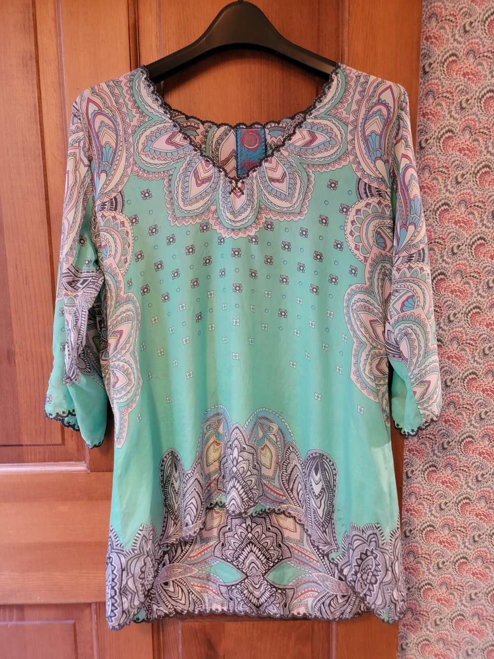 Johnny Was 100% Silk Seafoam Green Boho Floral Paisley Tunic Top Flawed M/L